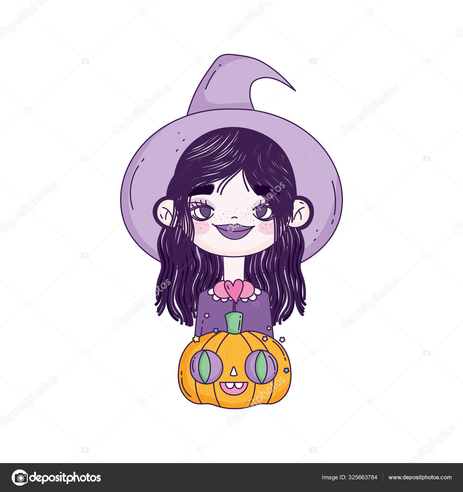 Uma garota de anime usando um chapéu de bruxa e segurando uma abóbora