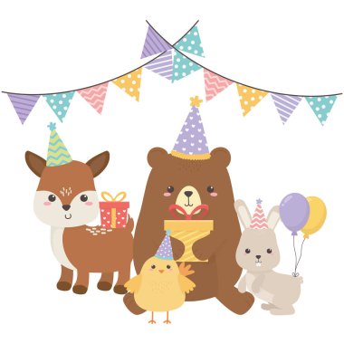 Ayı ren geyiği tavşan ve doğum günü ikonu tasarımlı tavuk.