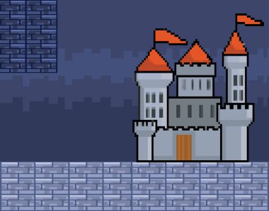 Arcade oyun dünya ve piksel sahne tasarım vektör illüstrasyon