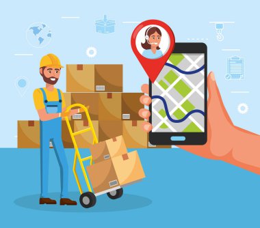 Paket servis dağıtımına sahip adam ve yük arabaları