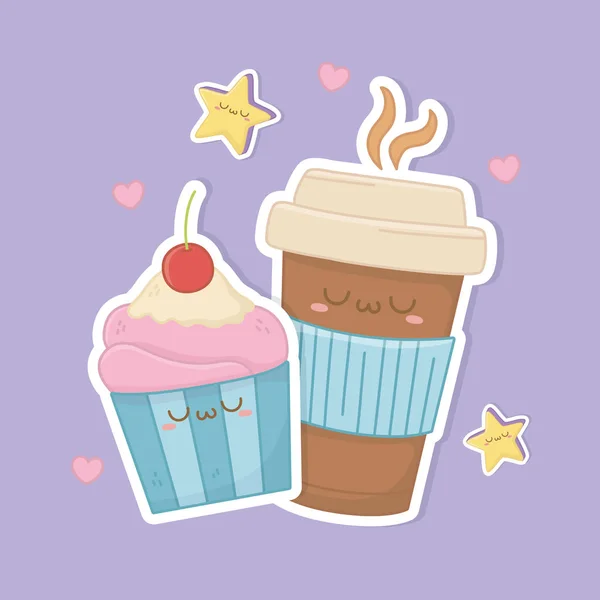 Coffee in container plastic and cupcake kawaii characters — Διανυσματικό Αρχείο