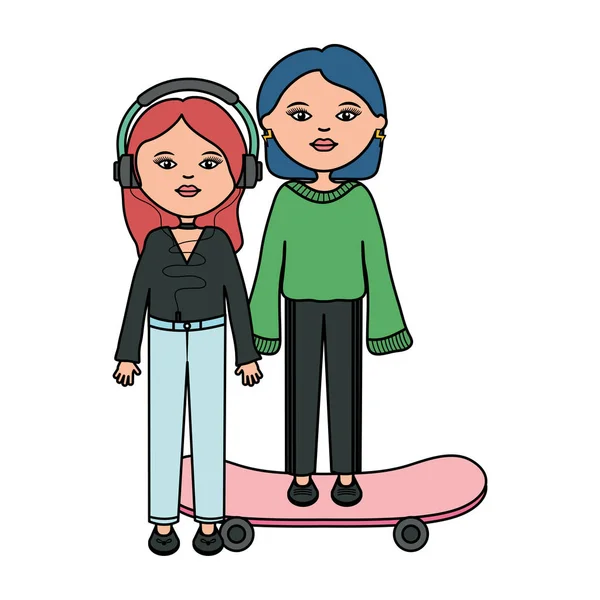 Милі дівчата в скейтборді персонажі міського стилю — стоковий вектор