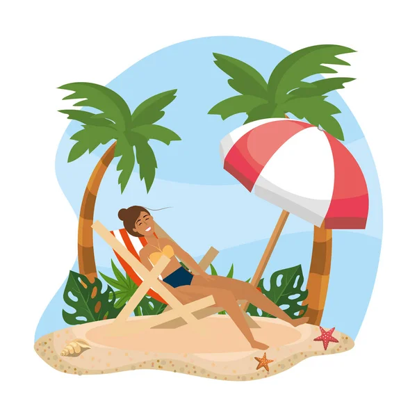 Mujer tomando el sol en el bronceado con paraguas en la playa — Vector de stock