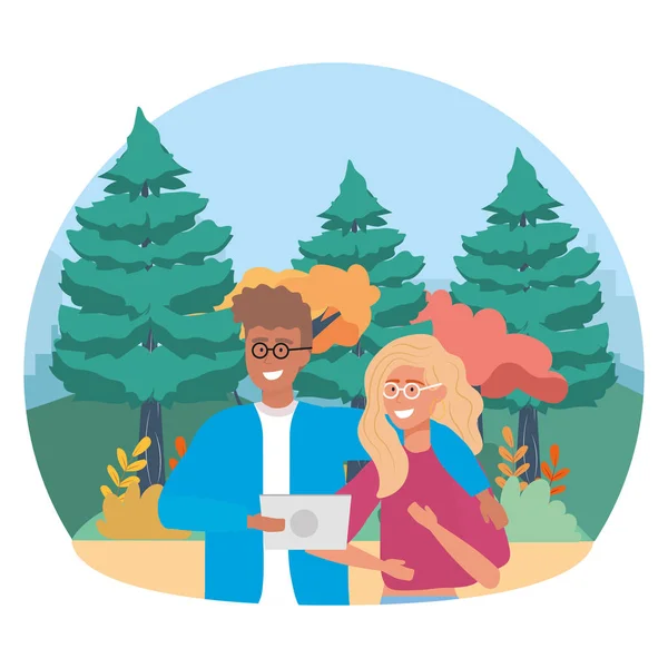 Couple of woman and man in the park design — Stock Vector