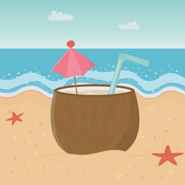 Cóctel de coco en el diseño de la playa — Vector de stock