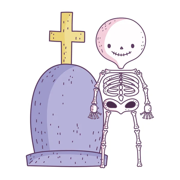 Happy halloween celebration skeleton and tombstone with cross — 스톡 벡터
