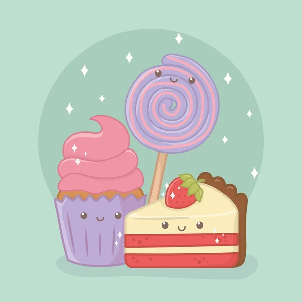 Lezzetli ve tatlı kek ve kawaii karakterleri. — Stok Vektör