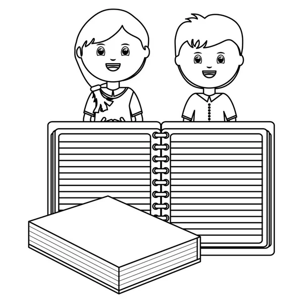 Bonito pouco alunos casal com livro e caderno —  Vetores de Stock