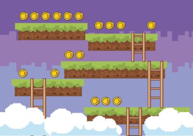 Arcade oyun dünya ve piksel sahne tasarım vektör illüstrasyon