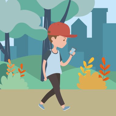 Park tasarımında akıllı telefonu olan bir adam çizgi filmi