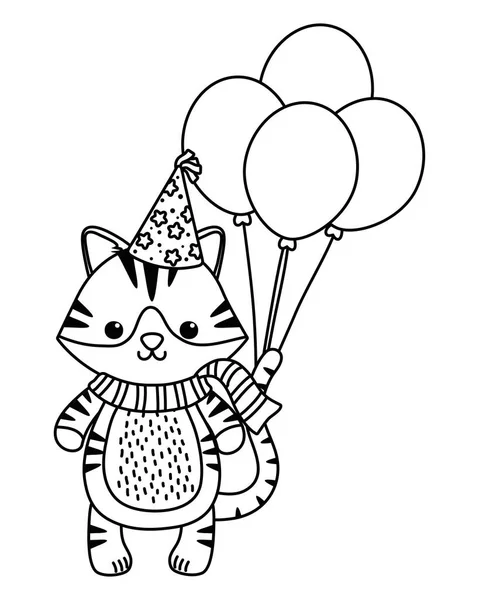 Dibujos animados de gato con diseño de icono de cumpleaños feliz — Vector de stock