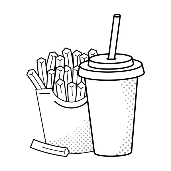 Frites met frisdrank zwart en wit — Stockvector