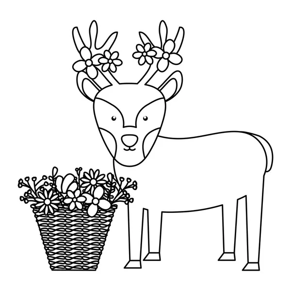 Reindeer with flowers in straw basket bohemian style character — ストックベクタ