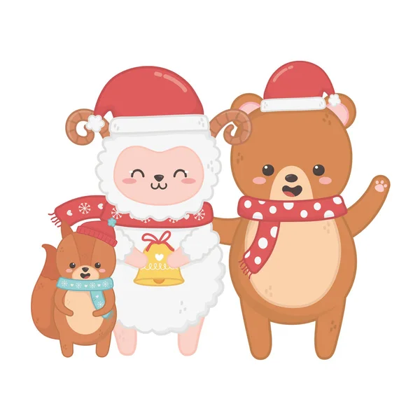 Cute squirrel bear and sheep with bell merry christmas — стоковый вектор