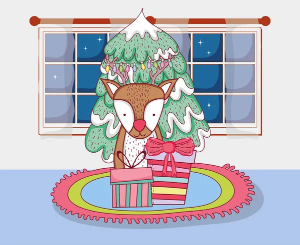 Fröhlicher Weihnachtsbaum mit Rentieren im Haus — Stockvektor