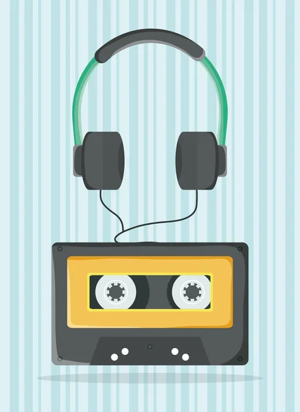 Audio earphones technology with retro cassette — Stock Vector