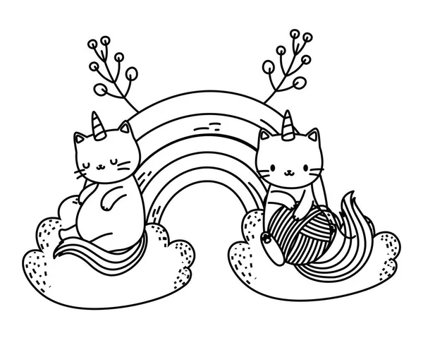 Unicorn cat cartoon couple vector design — Stok Vektör