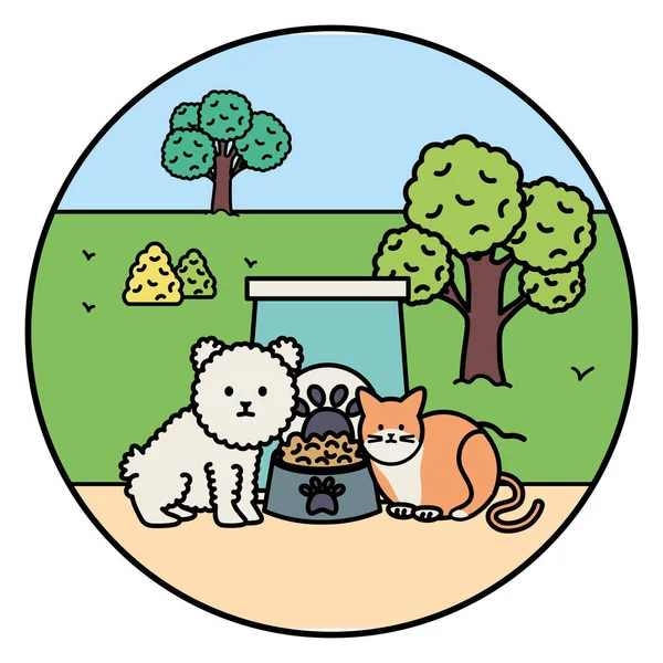 Cute cat and dog mascots in the landscape — Vetor de Stock