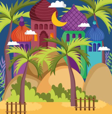arabian towers sand desert palm fence moon