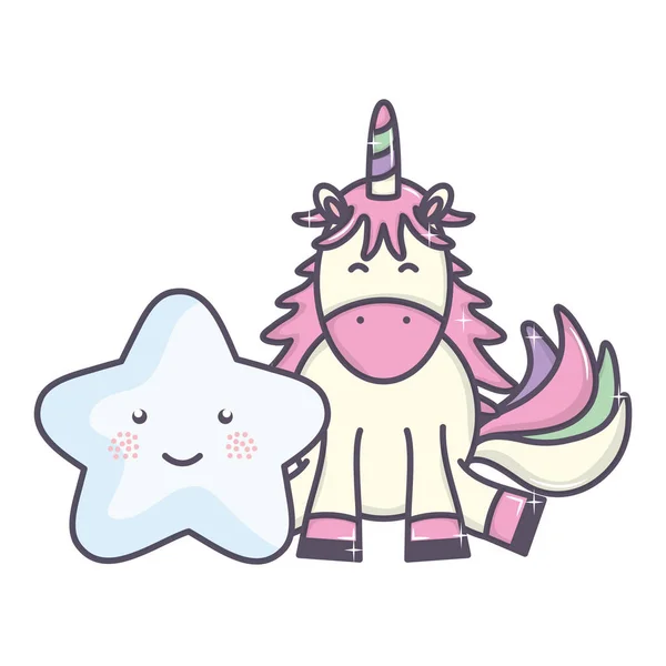 Mignonne adorable licorne avec étoiles personnages de fées kawaii — Image vectorielle