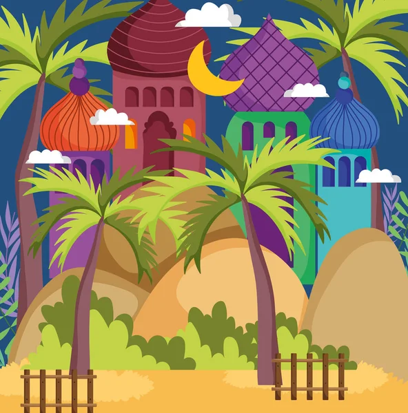 Arabian towers sand desert palm fence moon — ストックベクタ