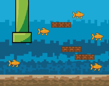 Arcade oyun dünya ve piksel sahne tasarım vektör illüstrasyon