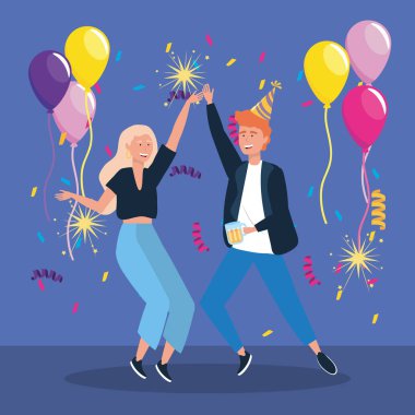 Erkek ve kadın balonlarla ve havai fişeklerle dans ediyorlar.