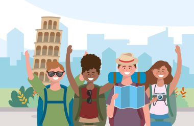 Kadınlar ve erkekler sırt çantalı ve küresel haritalı arkadaşlar