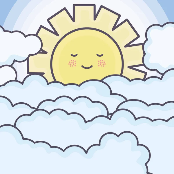 Lindo verano sol y nubes kawaii caracteres — Archivo Imágenes Vectoriales