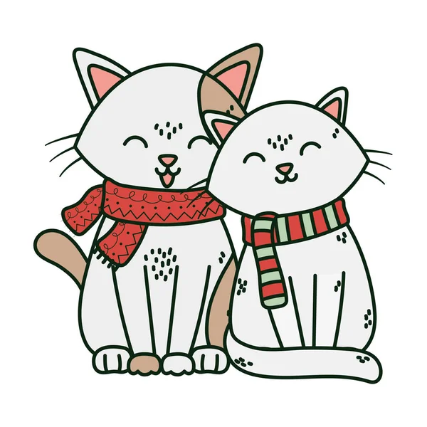 Adorable cats with scarf celebration merry christmas — Image vectorielle