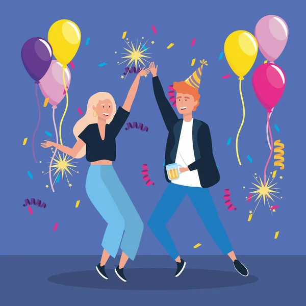 Hombre y mujer bailando con globos y chispeadores fuegos artificiales. — Vector de stock