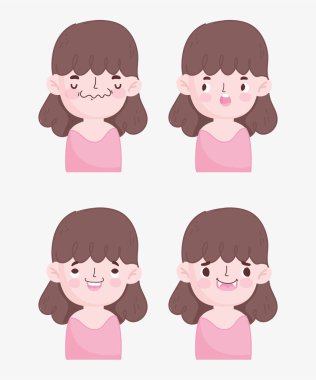 Kawaii çizgi filmi küçük tatlı esmer kız ifadeleriyle karşı karşıya.