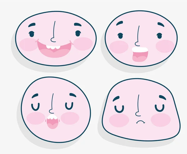 Emojis kawaii dibujos animados se enfrenta a la expresión humana conjunto — Archivo Imágenes Vectoriales