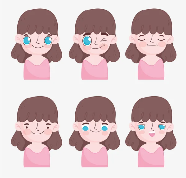 Kawaii desenho animado rostos bonito morena menina — Vetor de Stock