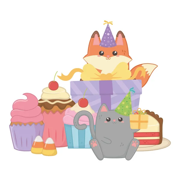 Кіт і лисиця в святкуванні дня народження — стоковий вектор