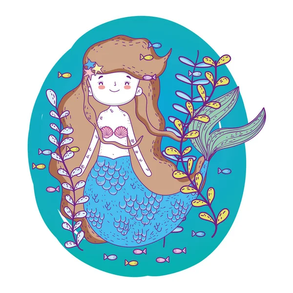 Cute mermaid under sea with seaweed — Stock Vector