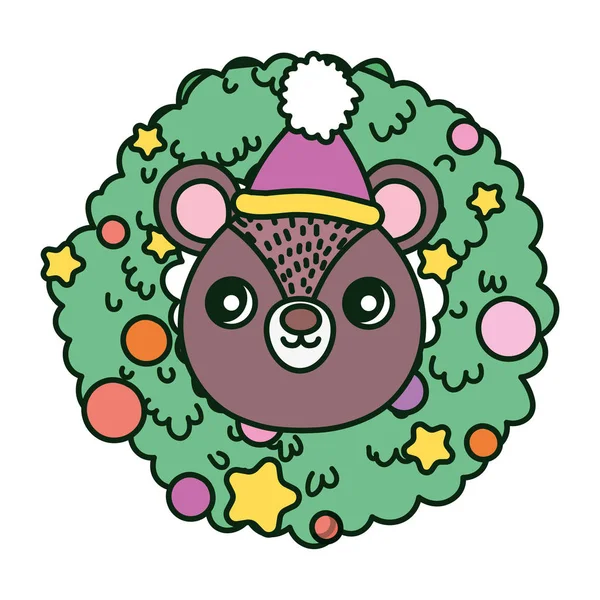 Cute bear head with hat wreath balls happy christmas — Stockvektor