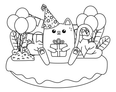 Kawaii kedi ve mutlu Doğum günü tasarımı