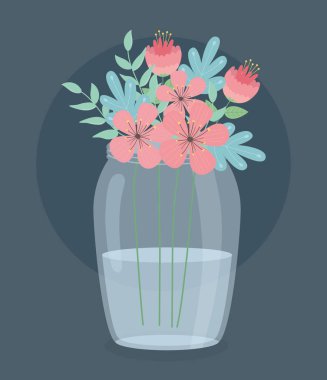 glass vase with flowers and leafs decoration