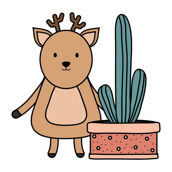 Ciervo lindo con cactus exótico en maceta de cerámica — Vector de stock