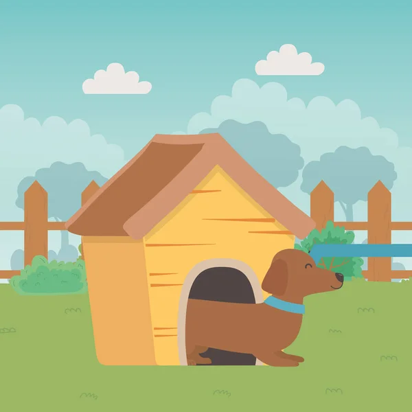 Desenhos animados do cão dentro do projeto de casa de madeira — Vetor de Stock