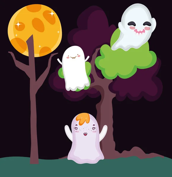 Ghosts cartoon in the night halloween — Stockový vektor