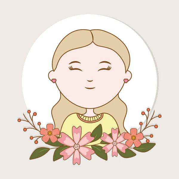 Girl flowers label decoration cartoon — Vector de stock