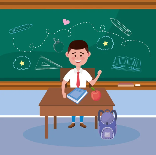Boy student with book and apple fruit in the desk — Stockvector