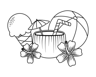 Siyah ve beyaz yaz ve plaj karikatürler elemanları