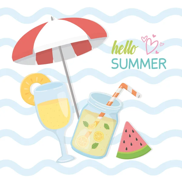 Hallo Sommer Poster mit frischen Cocktail-Ikonen — Stockvektor