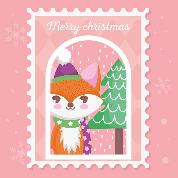 Fuchs mit Hut und Schal Baum Schnee frohe Weihnachten Stempel — Stockvektor