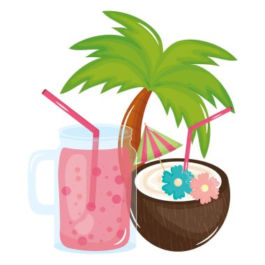 tropikal hindistan cevizi kokteyli ve meyve suyu kavanozu