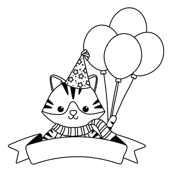 Desenhos animados de gato com design de ícone de aniversário feliz —  Vetores de Stock