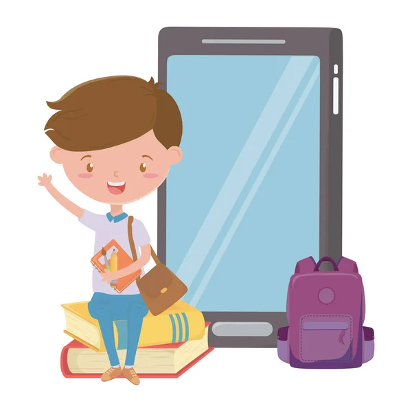 Criança menino de escola e design de smartphone —  Vetores de Stock